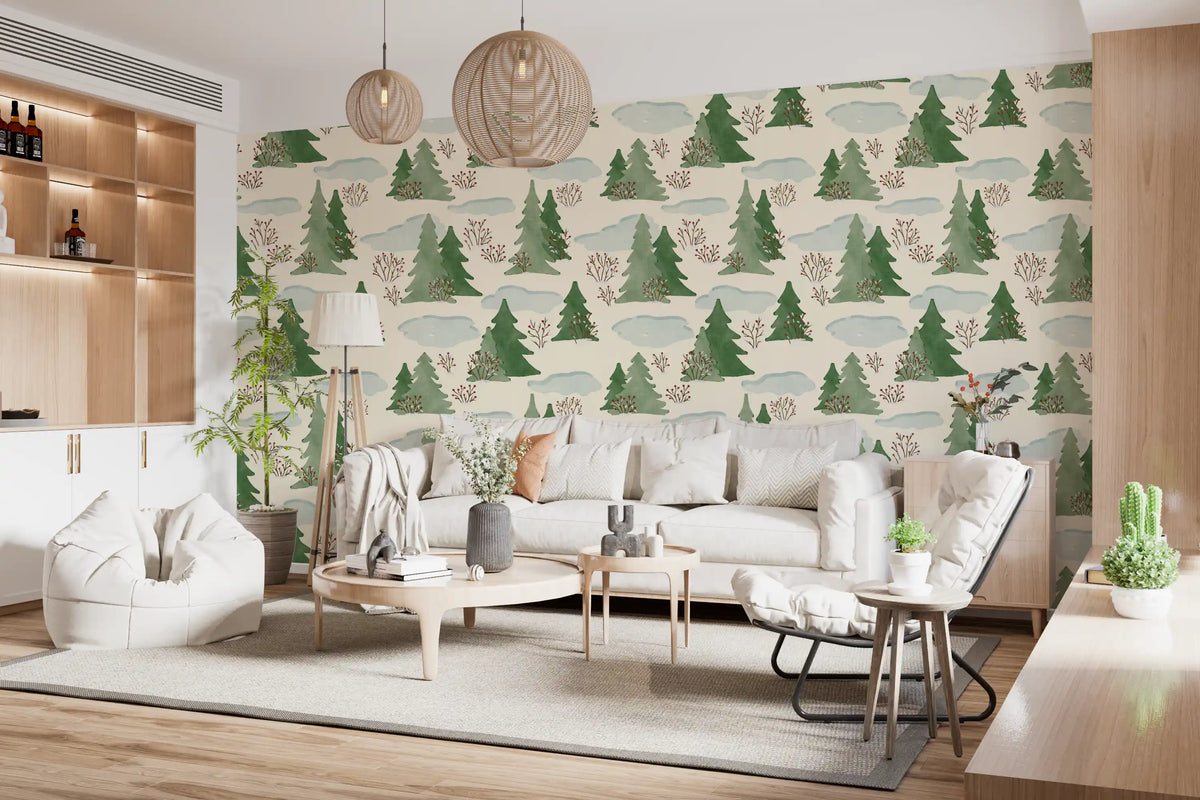 Winter wallpaper behind a white sofa with wooden shelves and rattan pendant lights in a living room GD13249