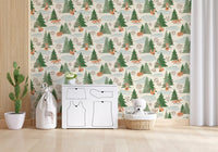 Watercolor Christmas Fox and Pine Trees Holiday Pattern Wallpaper⁠