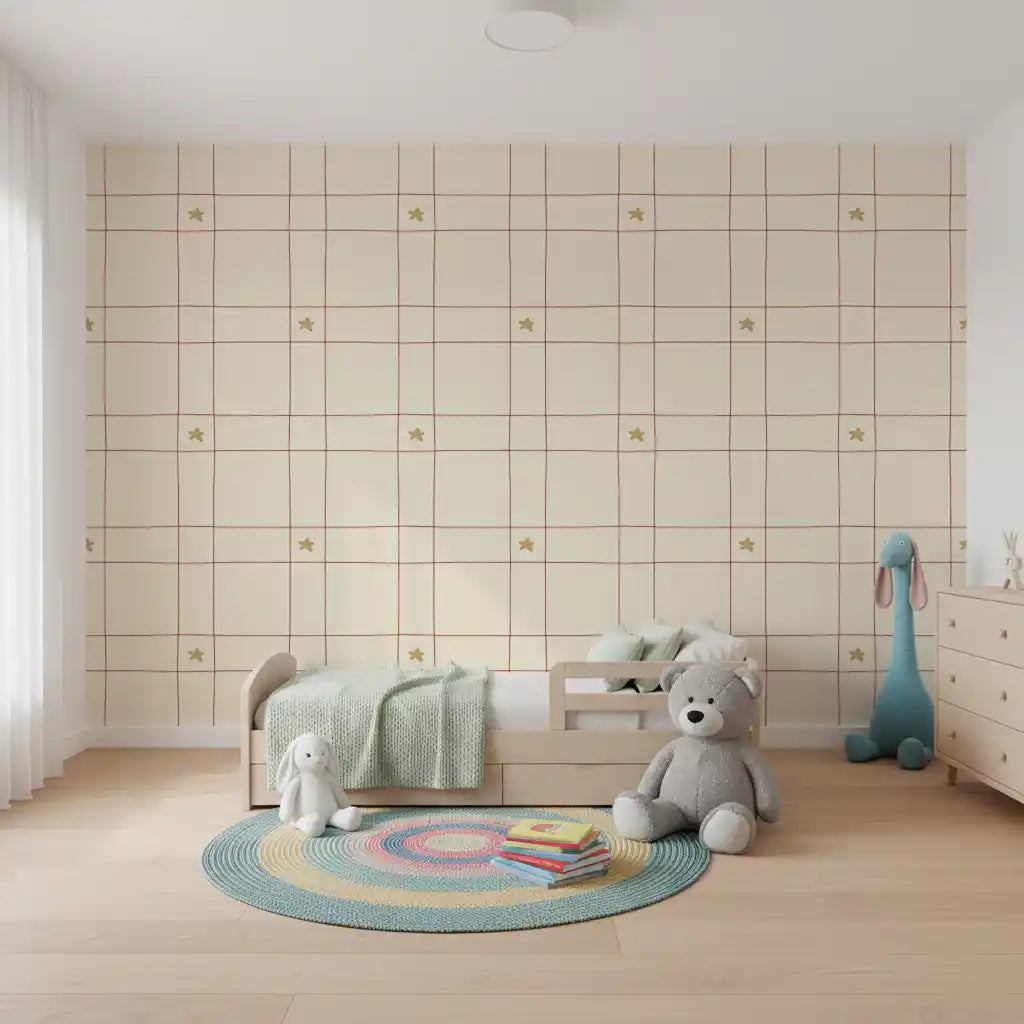 Christmas wallpaper with red grid in a toddler room with low bed, teddy bear and rainbow rug GD13253