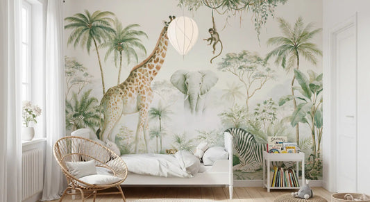 Exotic Safari Animals and Tropical Palms Wall Mural