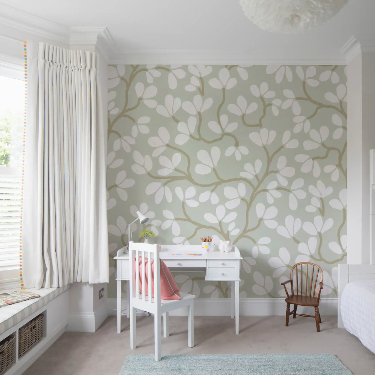 Soft Sage and White Hand-Drawn Floral Sprig Wall Mural