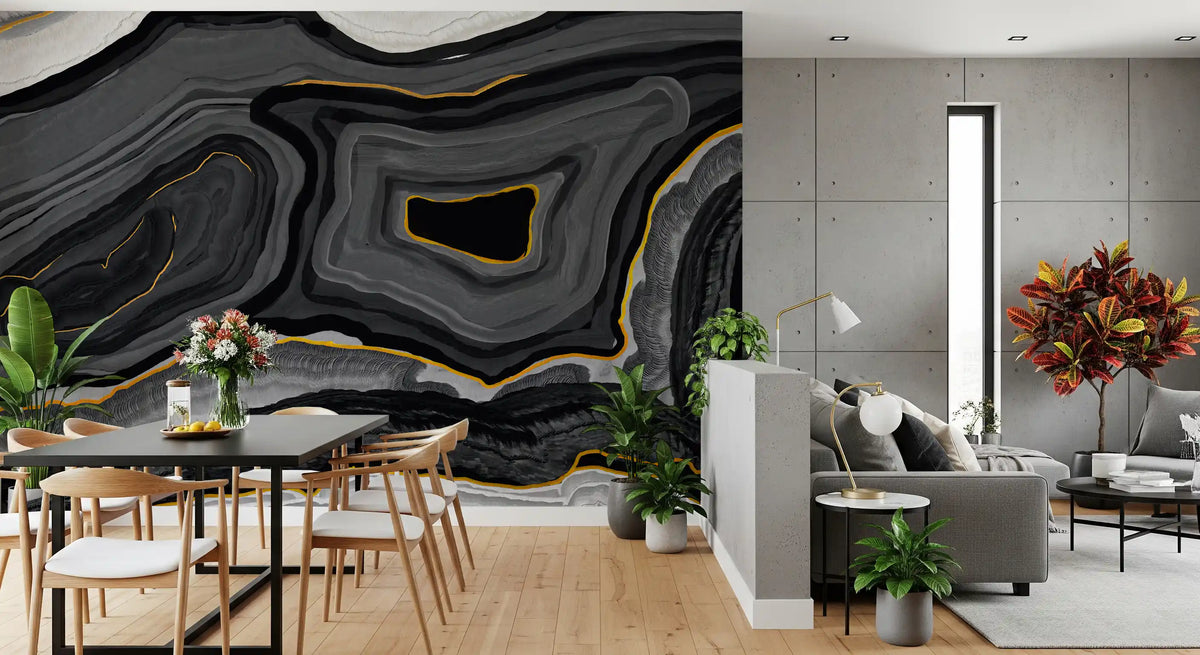 Open-plan dining area with black table and oak chairs beside black and gold agate abstract wallpaper GD13267