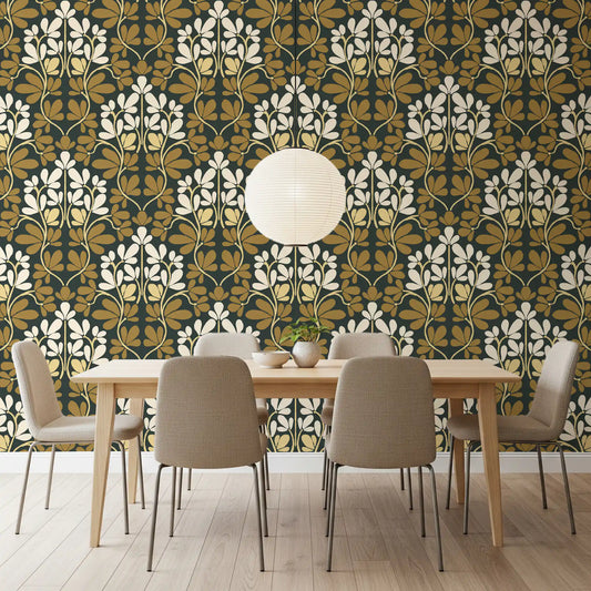 Golden Foliage Damask Wallpaper⁠