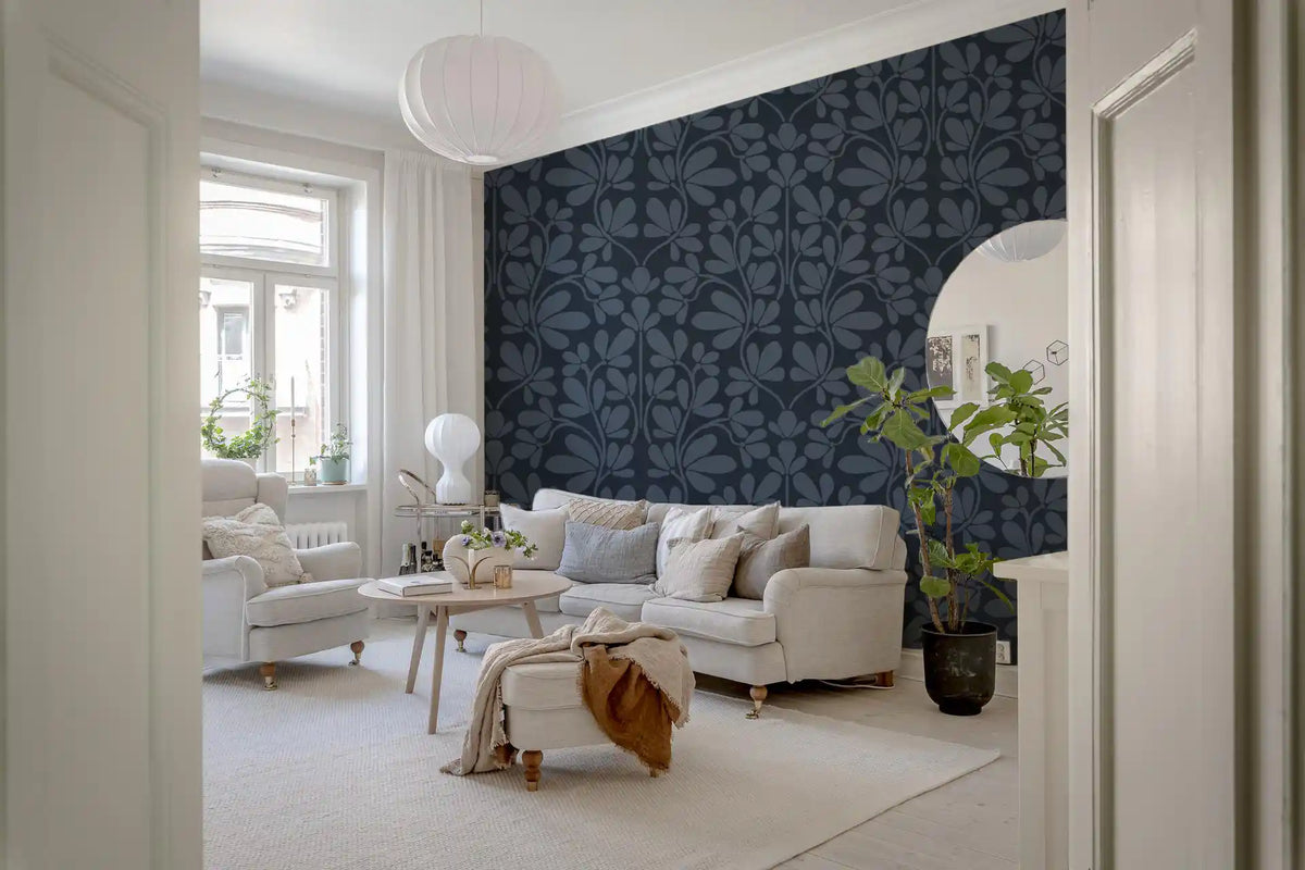 Midnight Navy Botanical Damask Wallpaper⁠