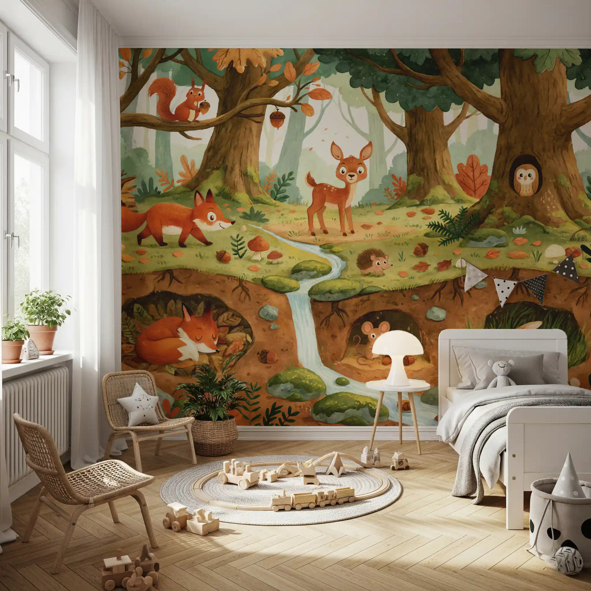 Animal wallpaper mural with fox and fawn behind a white bed, wooden train set and round rug GD13288