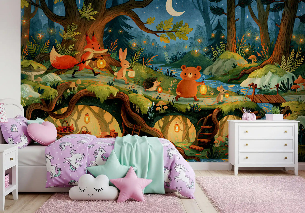 Enchanted Forest Friends Night Walk With Lanterns Wall Mural