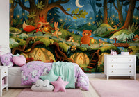 Enchanted Forest Friends Night Walk With Lanterns Wall Mural