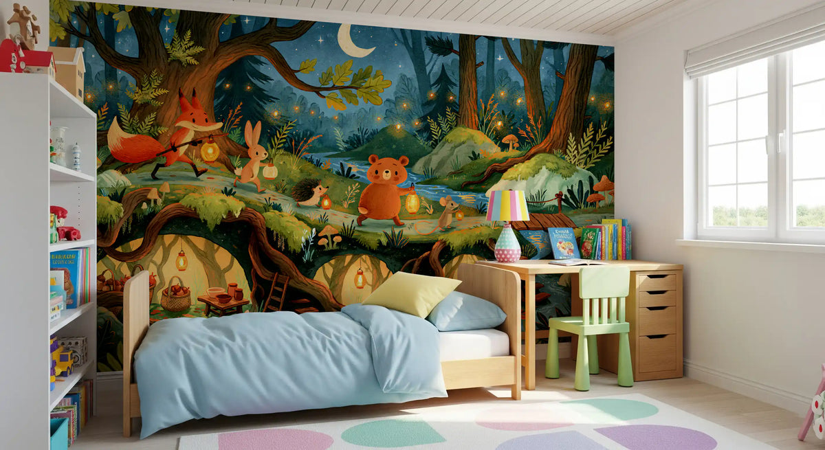 Forest wallpaper mural behind a kids bed with light blue bedding, wooden desk and green chair GD13291