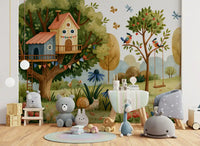 Whimsical Treehouse Garden Scene Wall Mural