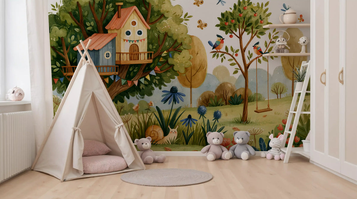 Whimsical Treehouse Garden Scene Wall Mural