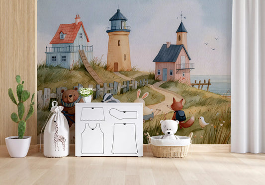 Nursery wallpaper mural behind a white cabinet with garment doors, a cactus and toy basket GD13294