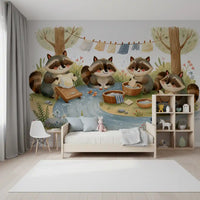 Woodland Friends Raccoons Streamside Wash Day Wall Mural