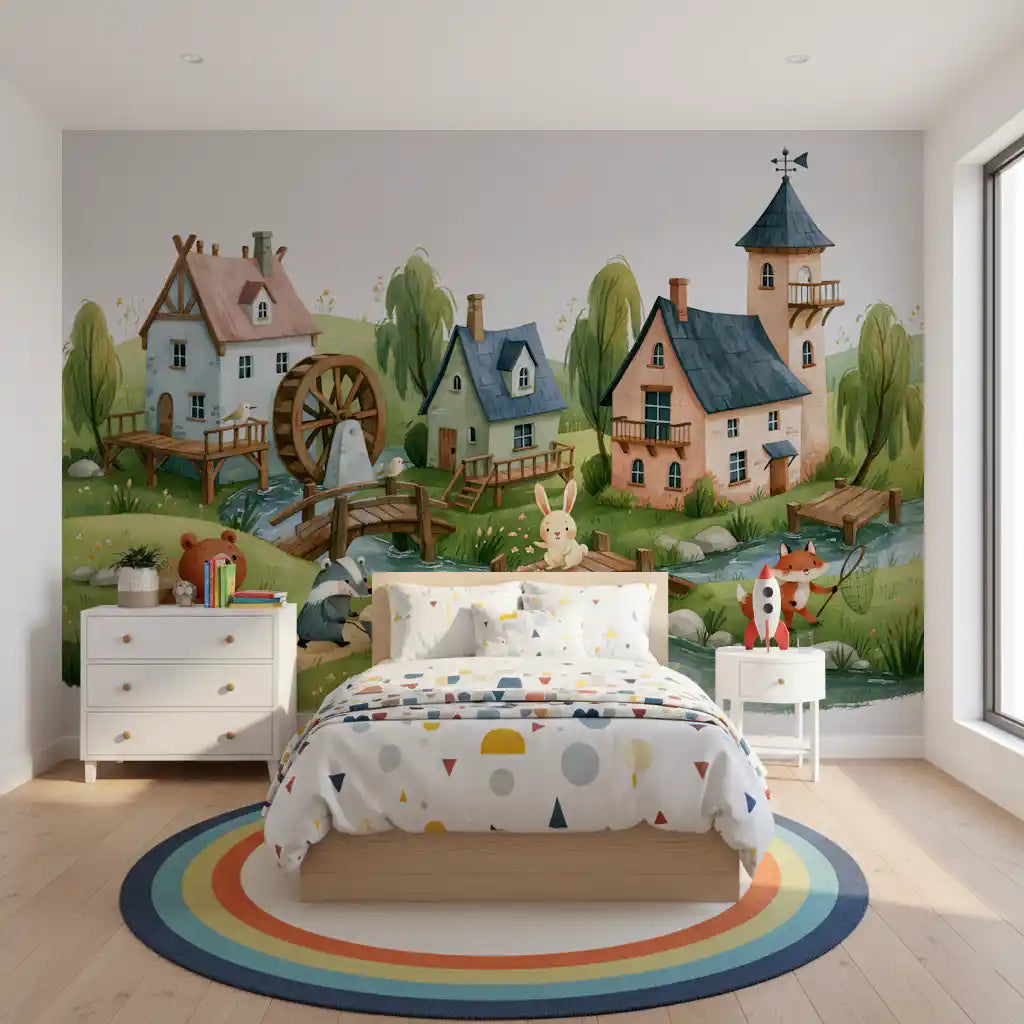 Animated Forest Mill Village Wall Mural
