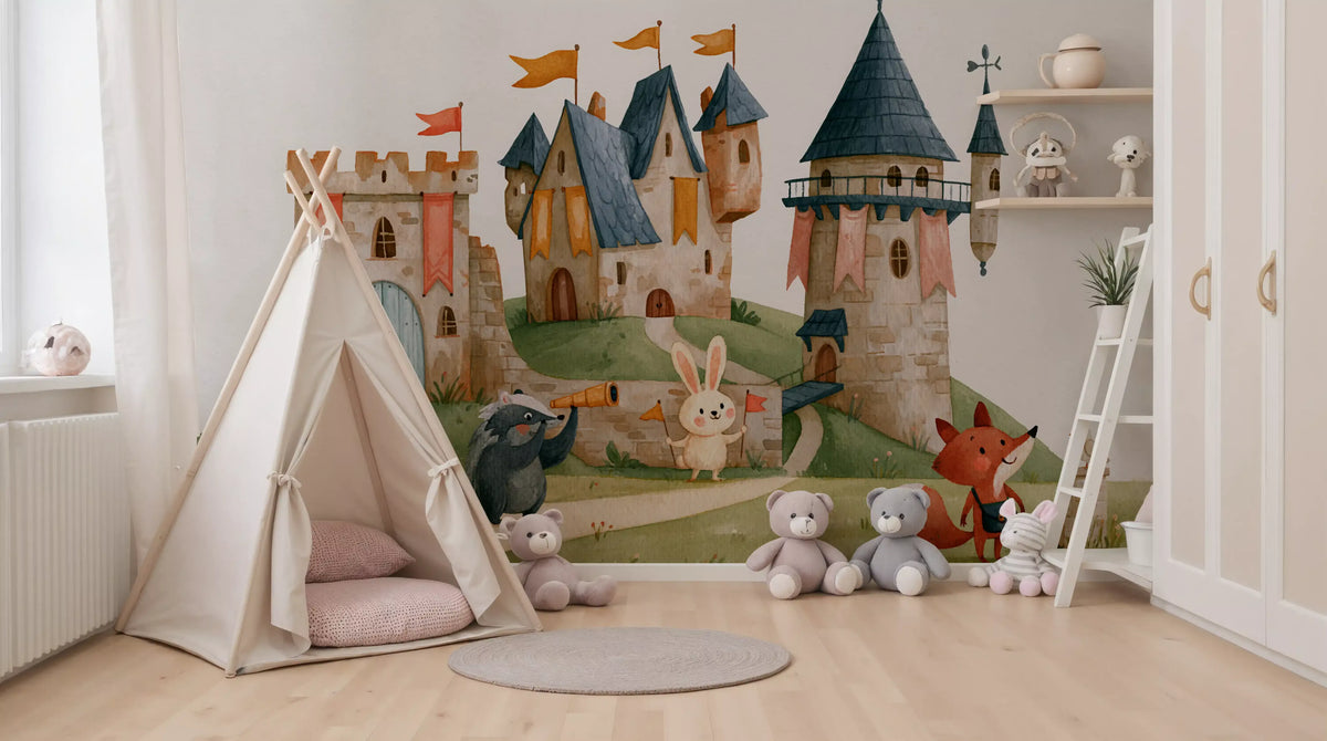 Castle wallpaper behind a canvas teepee with plush bunnies and bears in a kids room GD13298