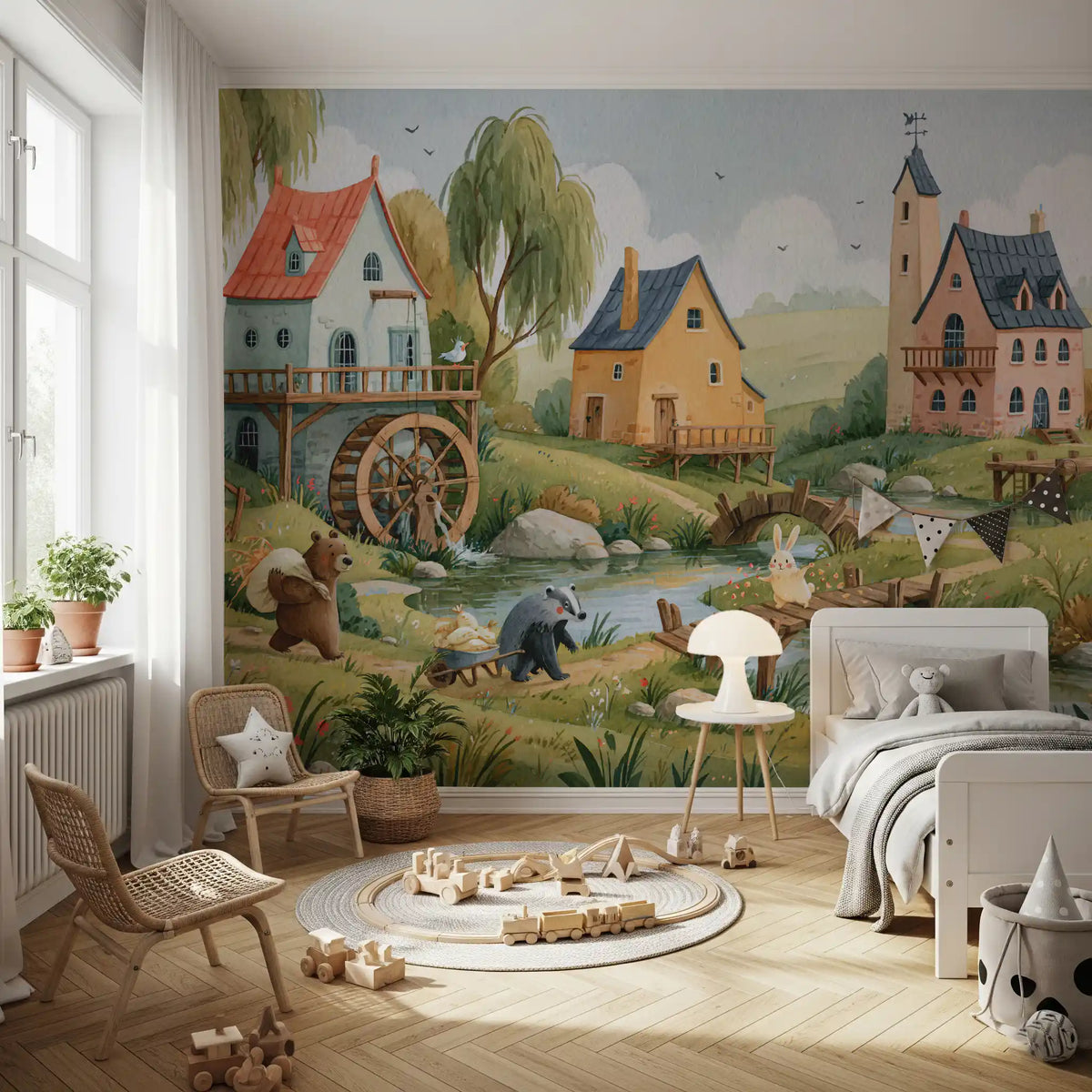 Enchanted Riverbank Woodland Animal Village Wall Mural