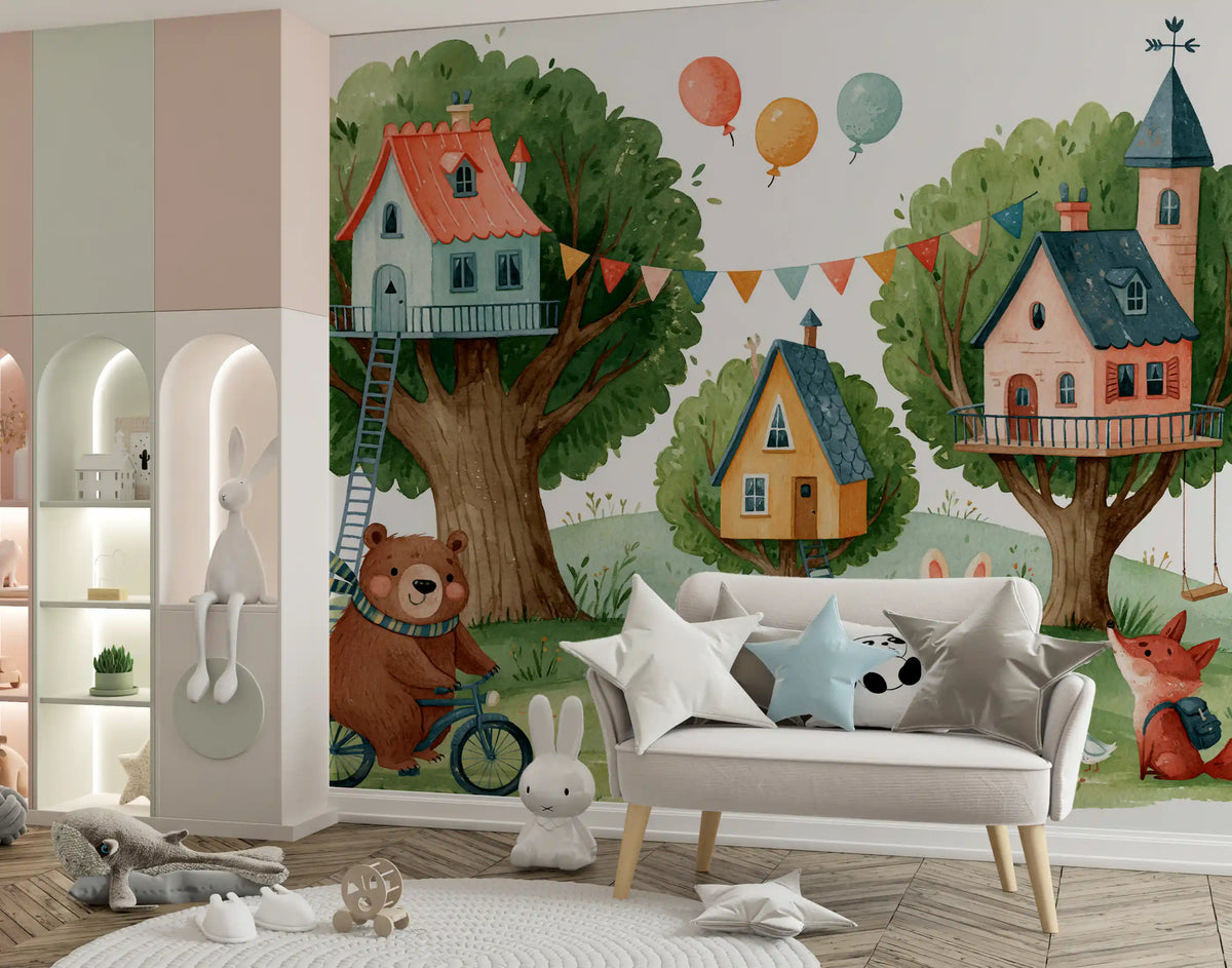 Bear wallpaper with treehouses behind a white loveseat with star cushions and pink shelves GD13301