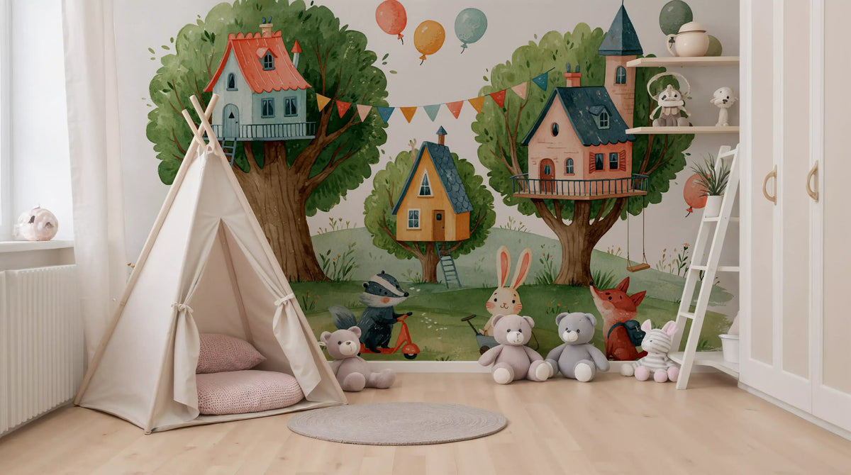 Woodland Friends Treehouse Village Wall Mural