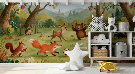 Woodland Meadow Animal Soccer Gathering Wall Mural
