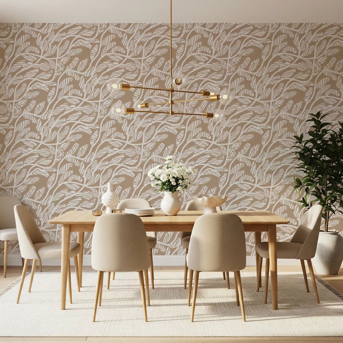 Abstract Foliage Line Art in White and Tan Wallpaper⁠