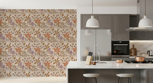 Tropical Garden Toile Charming Floral Botanical Warm Pastels Wallpaper⁠
