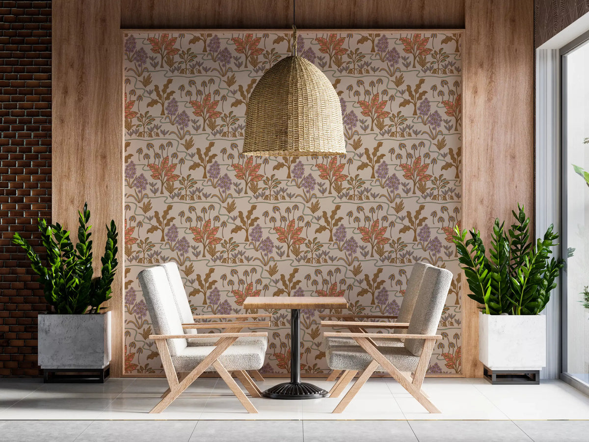 Tropical Garden Toile Charming Floral Botanical Warm Pastels Wallpaper⁠