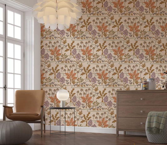 Tropical Garden Toile Charming Floral Botanical Warm Pastels Wallpaper⁠