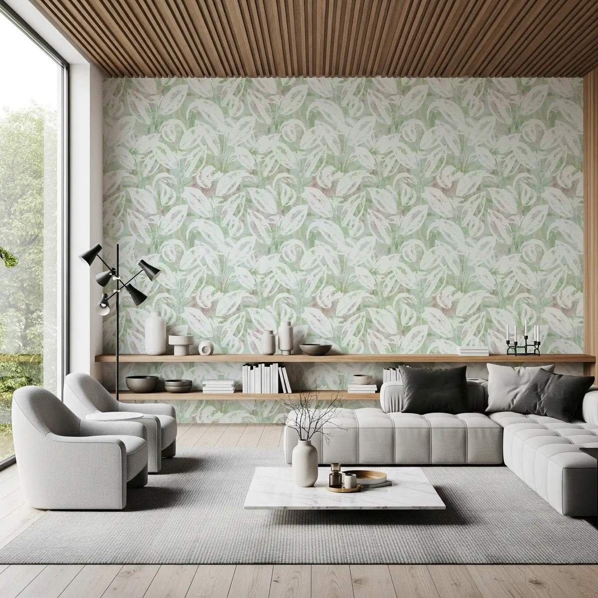 Abstract Painted Foliage in Sage Wallpaper⁠