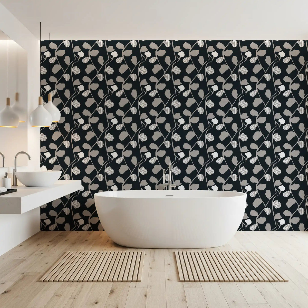 Minimalist Graphite Botanical Weave Wallpaper⁠