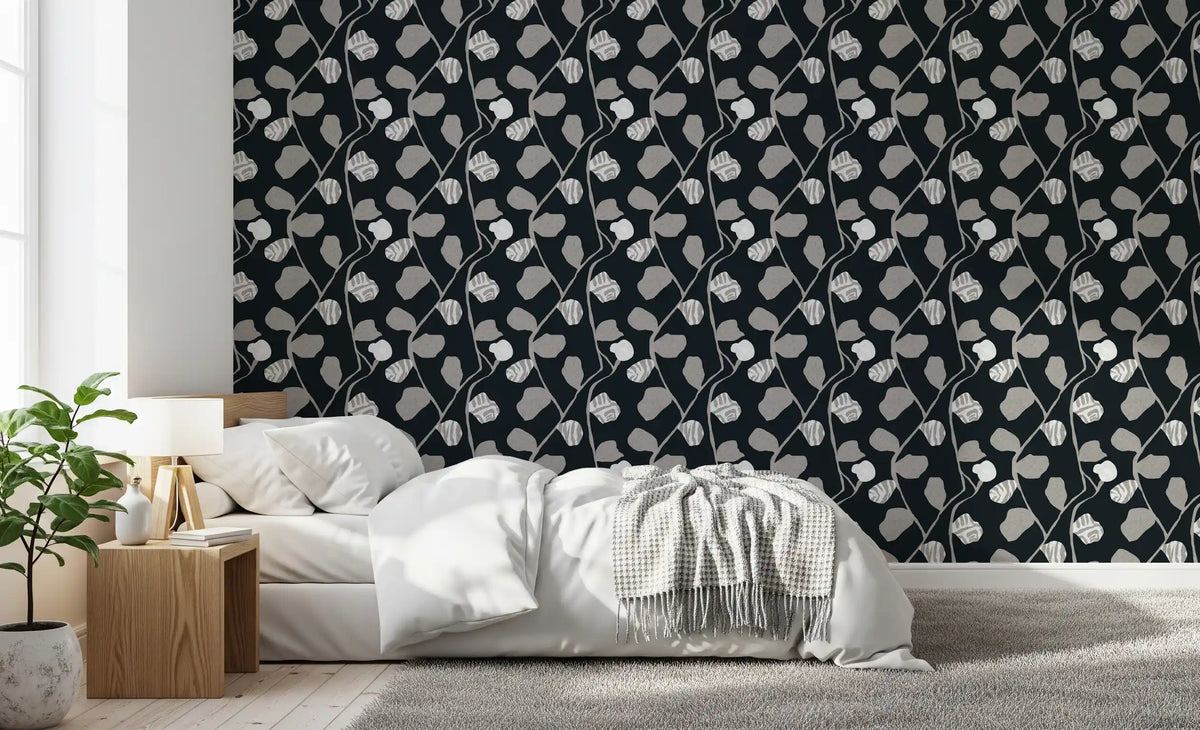 Minimalist Graphite Botanical Weave Wallpaper⁠