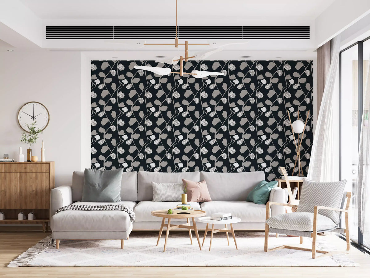 Minimalist Graphite Botanical Weave Wallpaper⁠