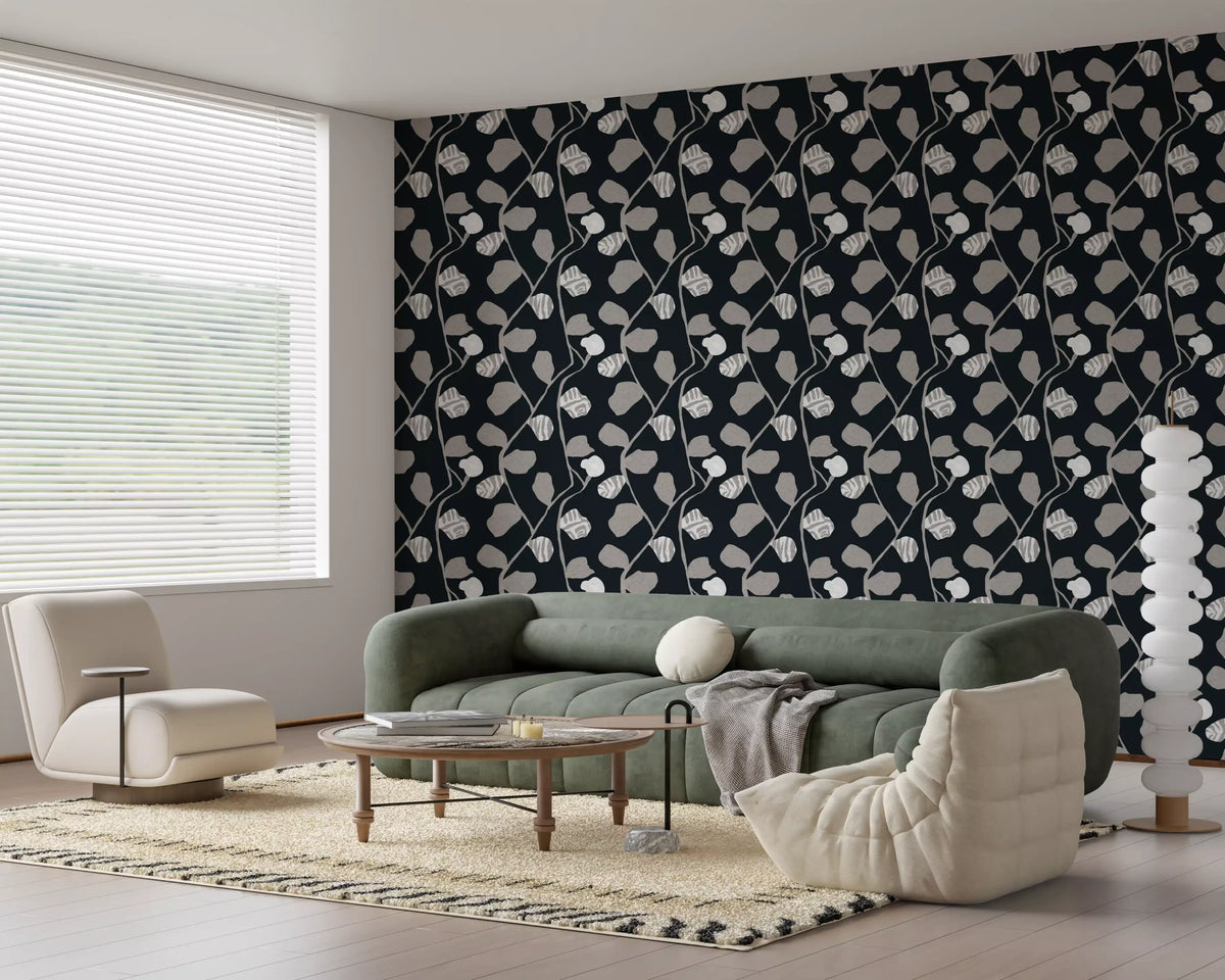 Minimalist Graphite Botanical Weave Wallpaper⁠