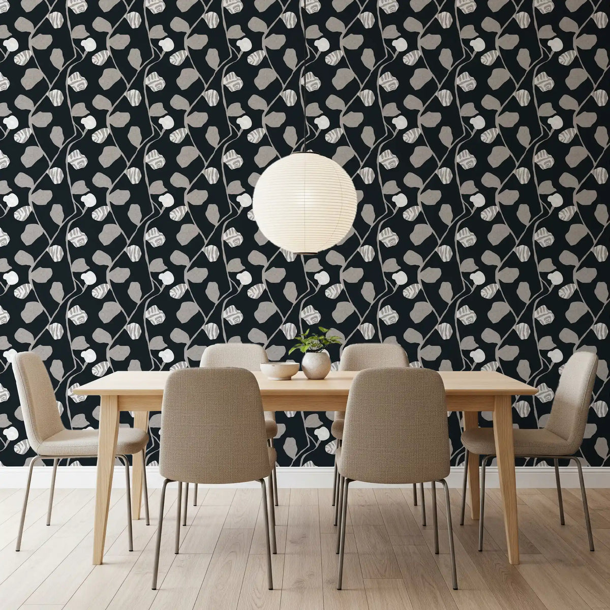Minimalist Graphite Botanical Weave Wallpaper⁠
