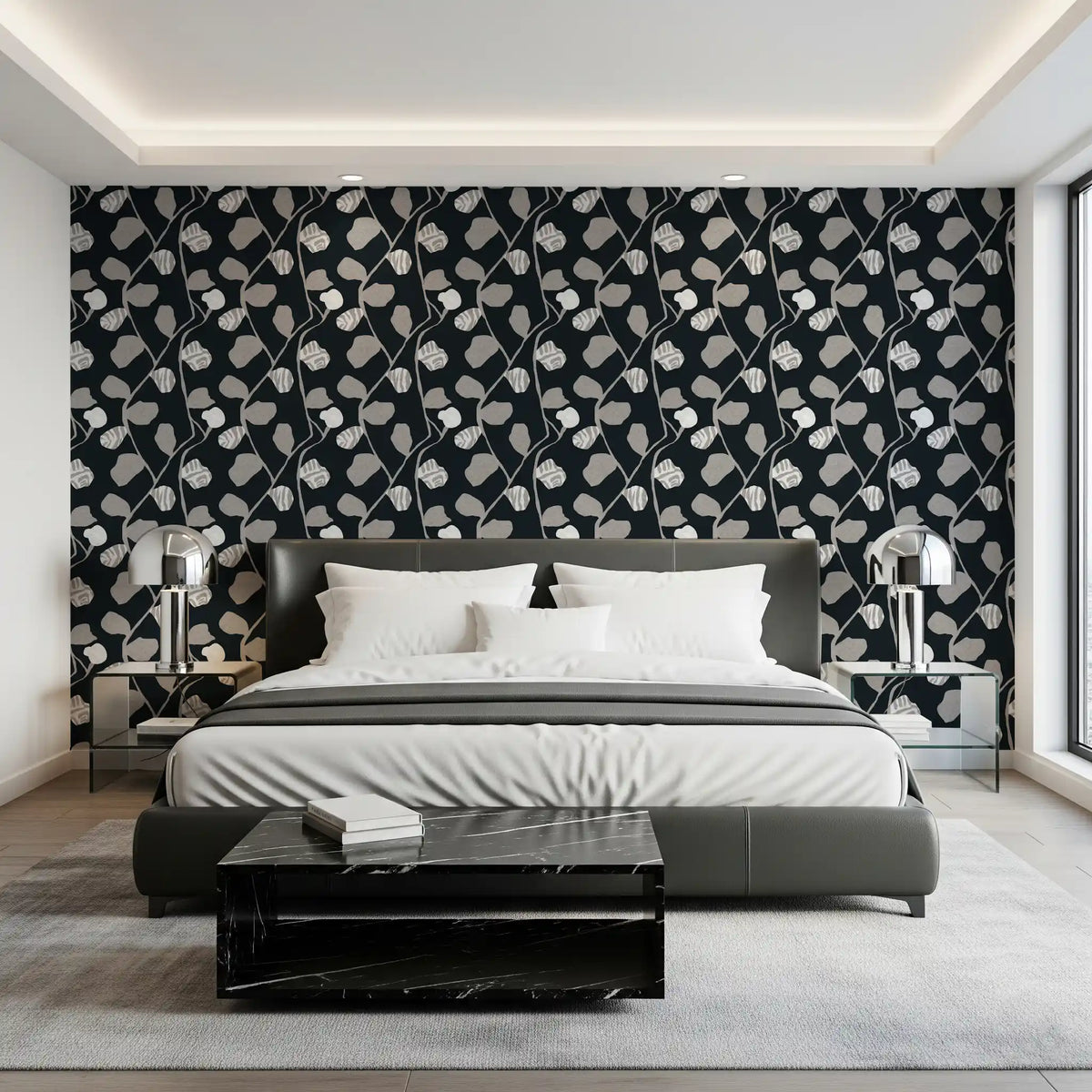 Minimalist Graphite Botanical Weave Wallpaper⁠