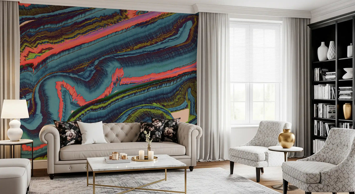 Living room with tufted beige sofa, floral cushions and black bookcase on artistic wallpaper GD13335