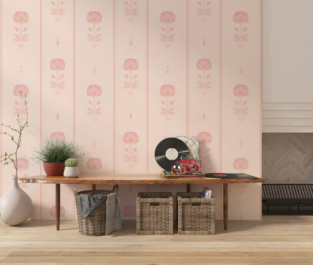 Soft Blush Floral Stripe Wallpaper⁠