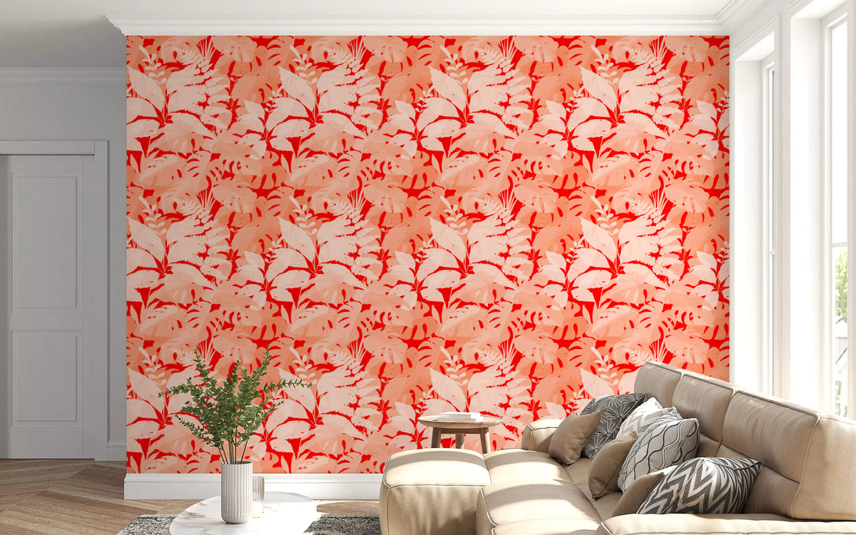 Fiery Coral Tropical Foliage Wallpaper⁠