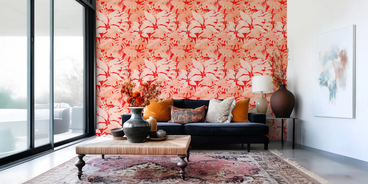 Fiery Coral Tropical Foliage Wallpaper⁠