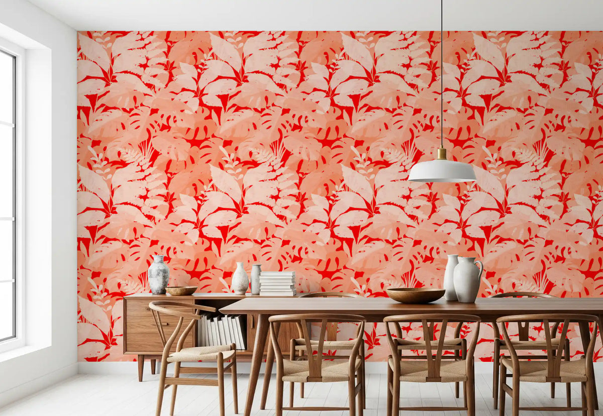 Fiery Coral Tropical Foliage Wallpaper⁠
