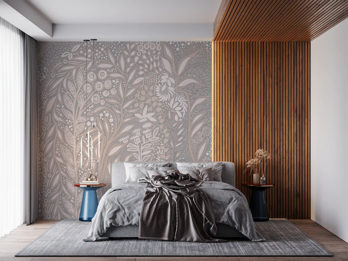 Bedroom with gray bedding and wood slat panel against gray and blush botanical wallpaper GD13353