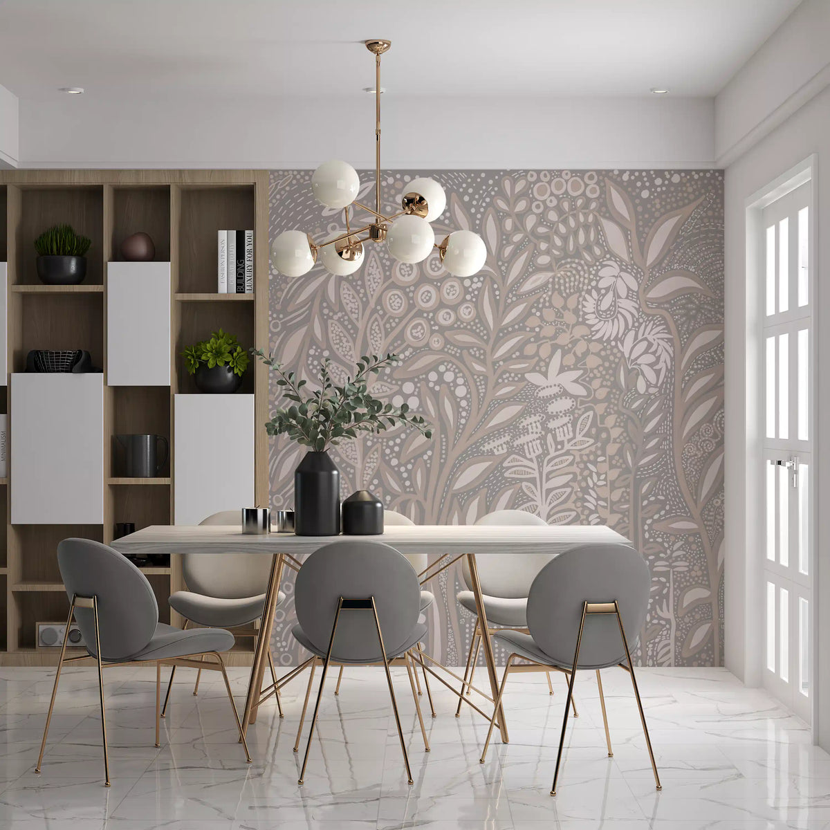 Abstract Cream and Grey Foliage Wall Mural