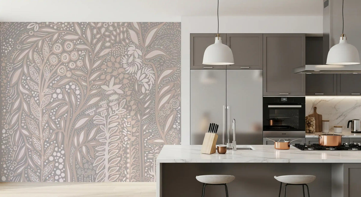 Abstract Cream and Grey Foliage Wall Mural