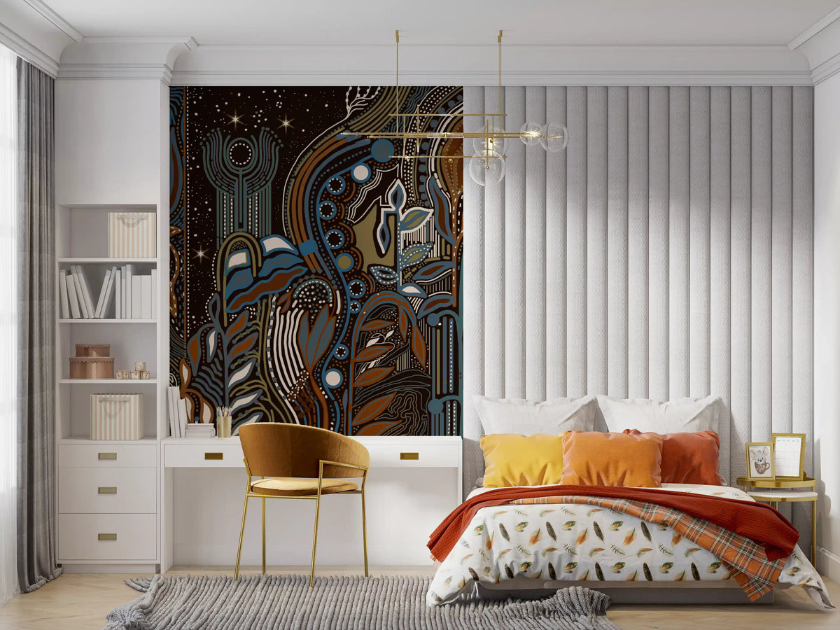 Botanical wallpaper mural in teen bedroom with orange bedding and gold desk chair GD13367