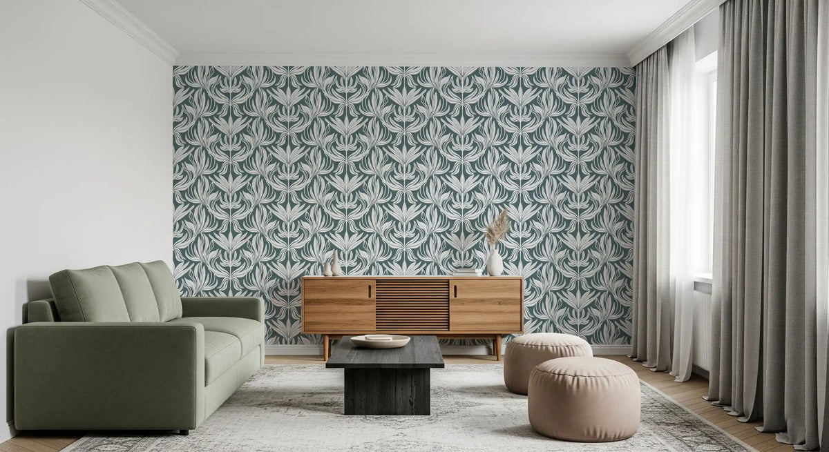 Abstract Teal Foliage Motif Wallpaper⁠