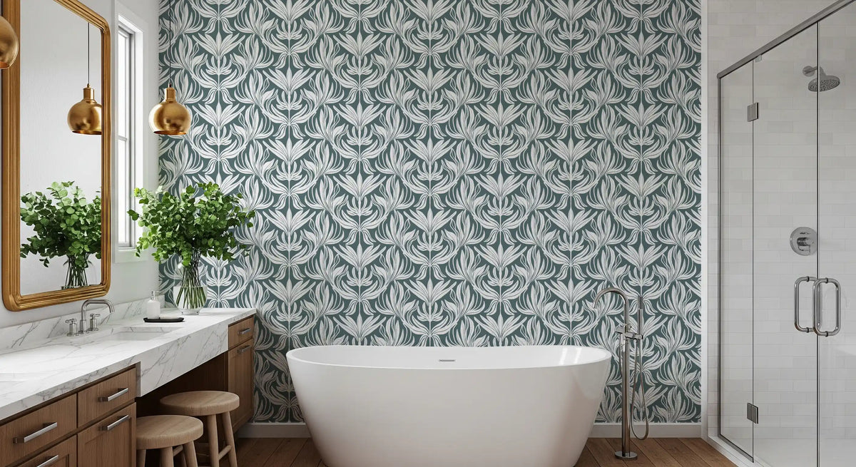 Abstract Teal Foliage Motif Wallpaper⁠