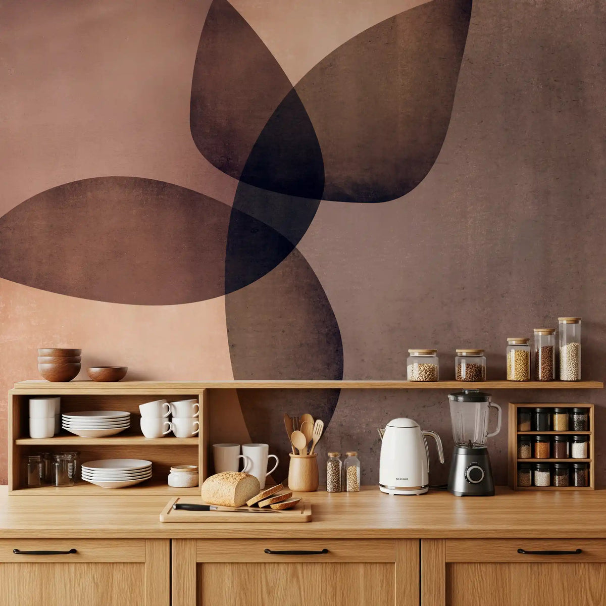 Kitchen with oak shelves and counter against an abstract wallpaper mural GD13379