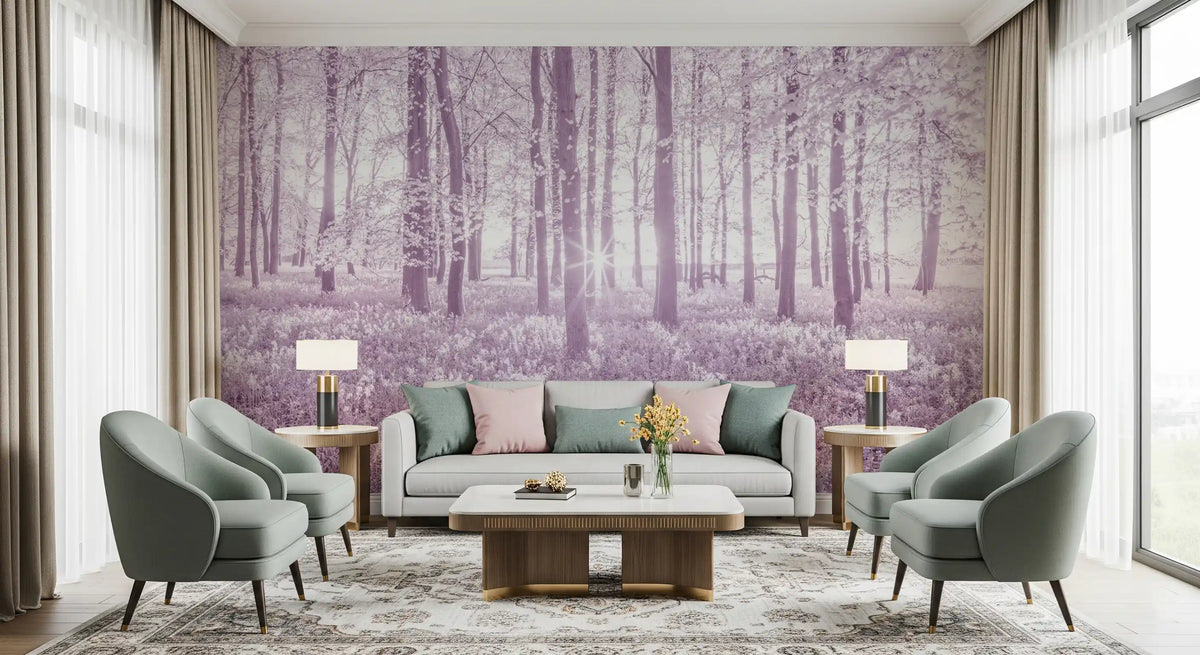 Sunlit Forest Canopy in Pastel Lilac Wall Mural