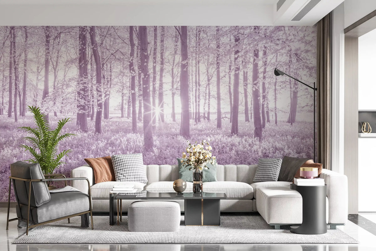 Sunlit Forest Canopy in Pastel Lilac Wall Mural