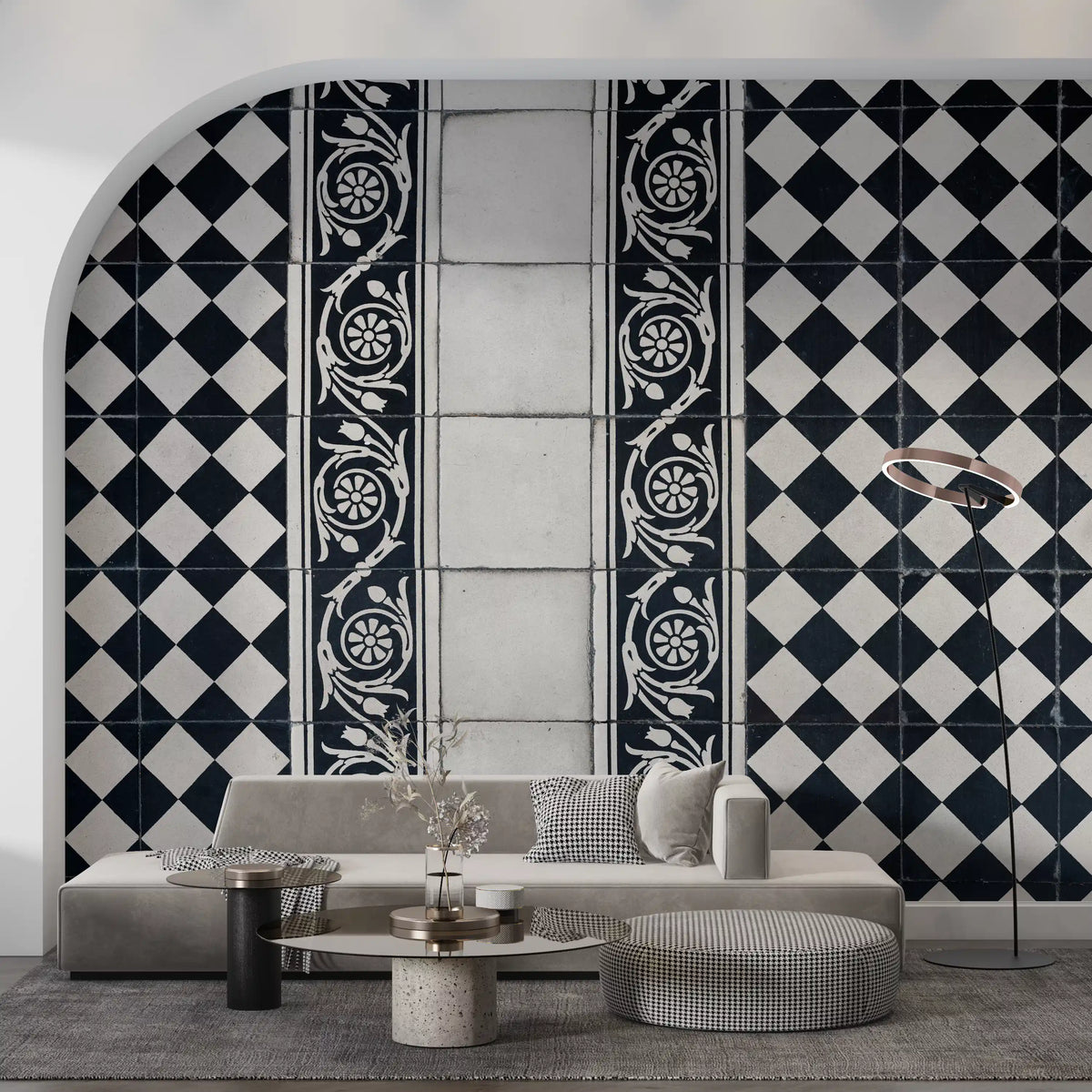 Vintage Black and White Floral Checkerboard Wall Mural