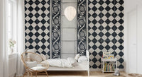 Vintage Black and White Floral Checkerboard Wall Mural