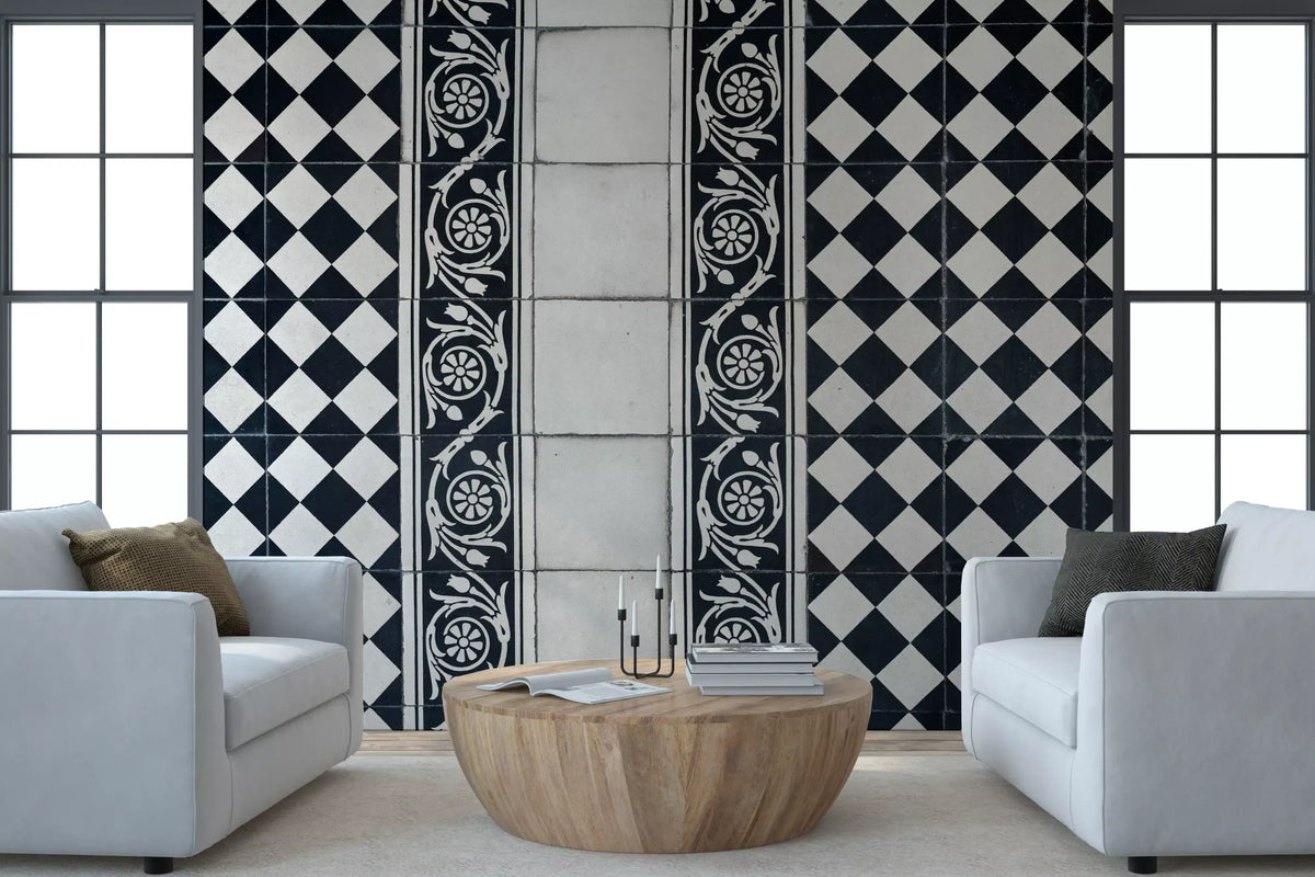 Vintage Black and White Floral Checkerboard Wall Mural